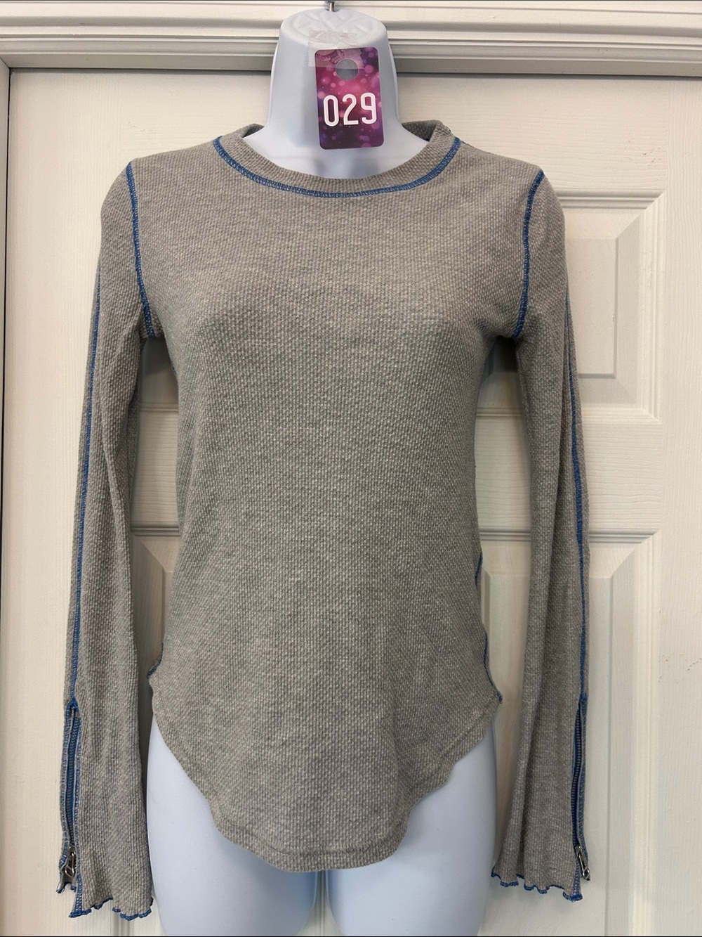 Free People Beige Waffle Knit Long Sleeve Top with Blue Contrast Stitching